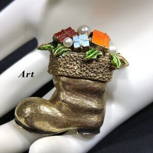 Vintage Christmas Boot Brooch, Enamel Presents, Faux Pearl, 1950s Signed ART